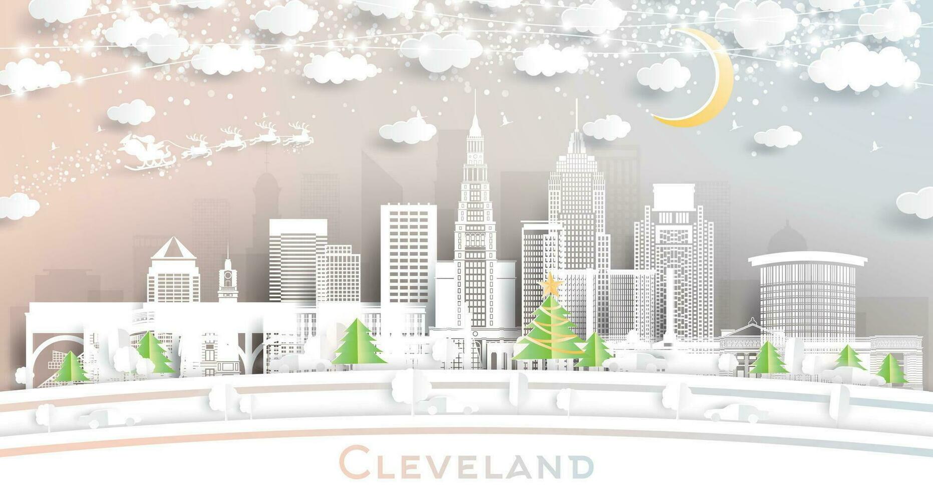 cleveland Ohio EE.UU. invierno ciudad horizonte en papel cortar estilo con copos de nieve, Luna y neón guirnalda. Navidad y nuevo año concepto. cleveland paisaje urbano con puntos de referencia vector