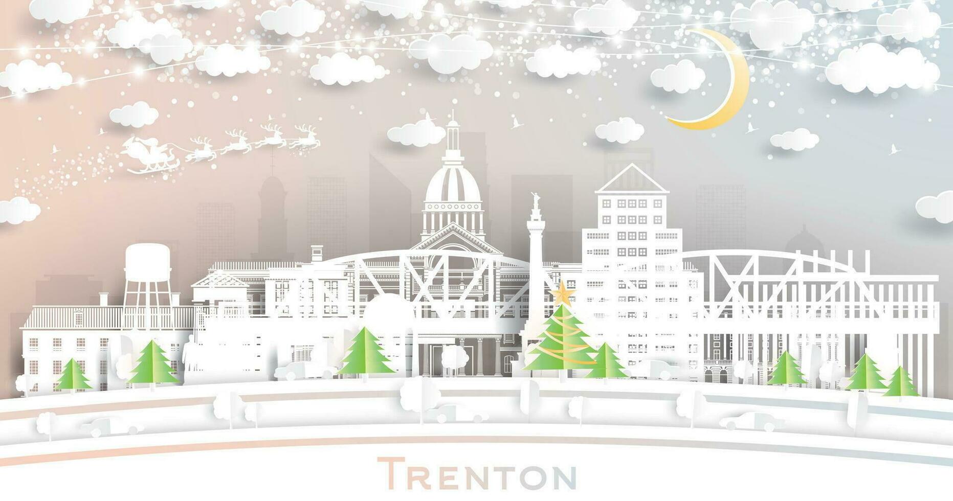 Trenton New Jersey. Winter City Skyline in Paper Cut Style with Snowflakes, Moon and Neon Garland. Christmas and New Year Concept. Santa Claus on Sleigh. Trenton Cityscape with Landmarks. vector