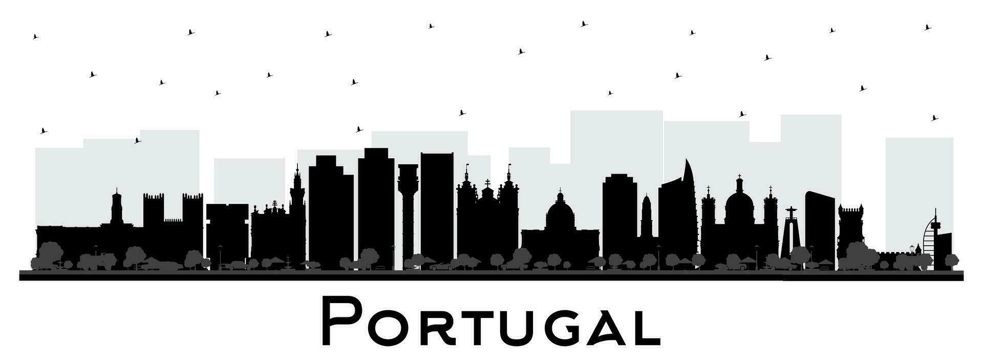 Portugal. ciudad horizonte silueta con negro edificios aislado en blanco. Portugal paisaje urbano con puntos de referencia porto y Lisboa. vector