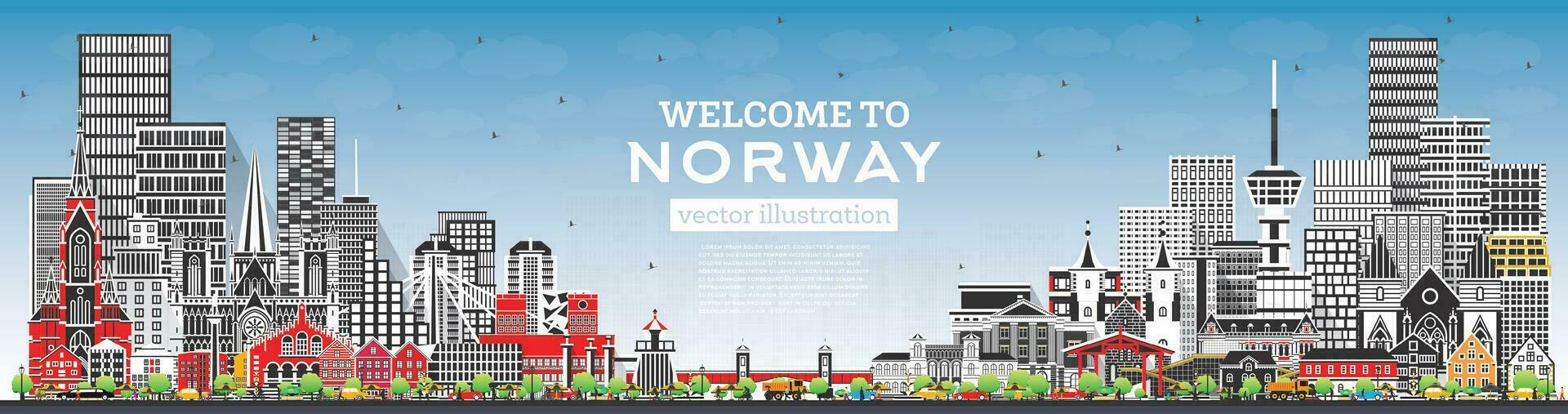 Norway city skyline with gray buildings and blue sky. Concept with historic and modern architecture. Norway cityscape with landmarks. Oslo. Stavanger. Trondheim. Bergen. vector
