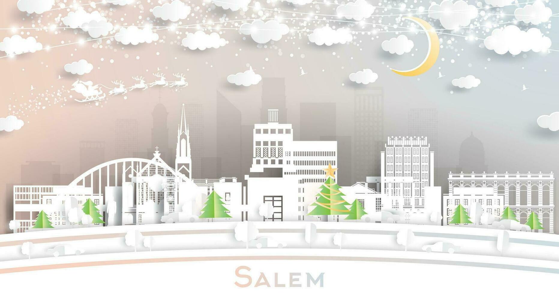 Salem Oregon USA. Winter City Skyline in Paper Cut Style with Snowflakes, Moon and Neon Garland. Christmas and New Year Concept. Salem Cityscape with Landmarks. vector