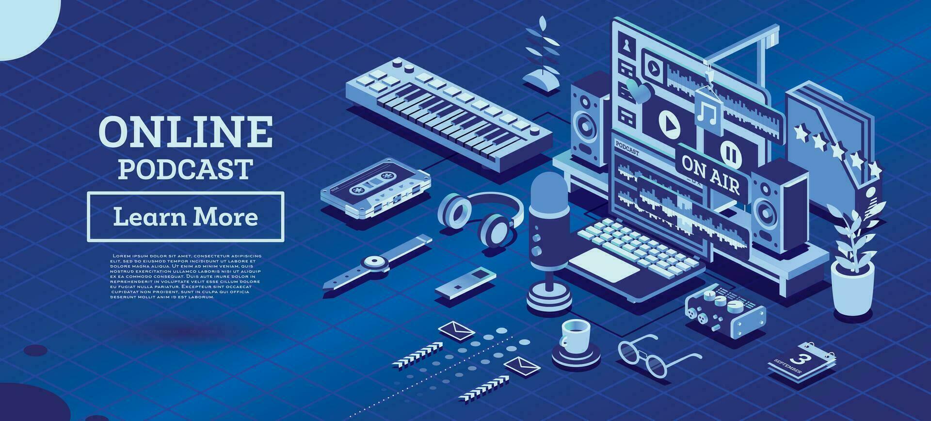 en línea podcast o radio espectáculo. isométrica música concepto. grabación equipo. micrófono, computadora portátil, auriculares, mezclador y midi teclado. audio Blog. vector