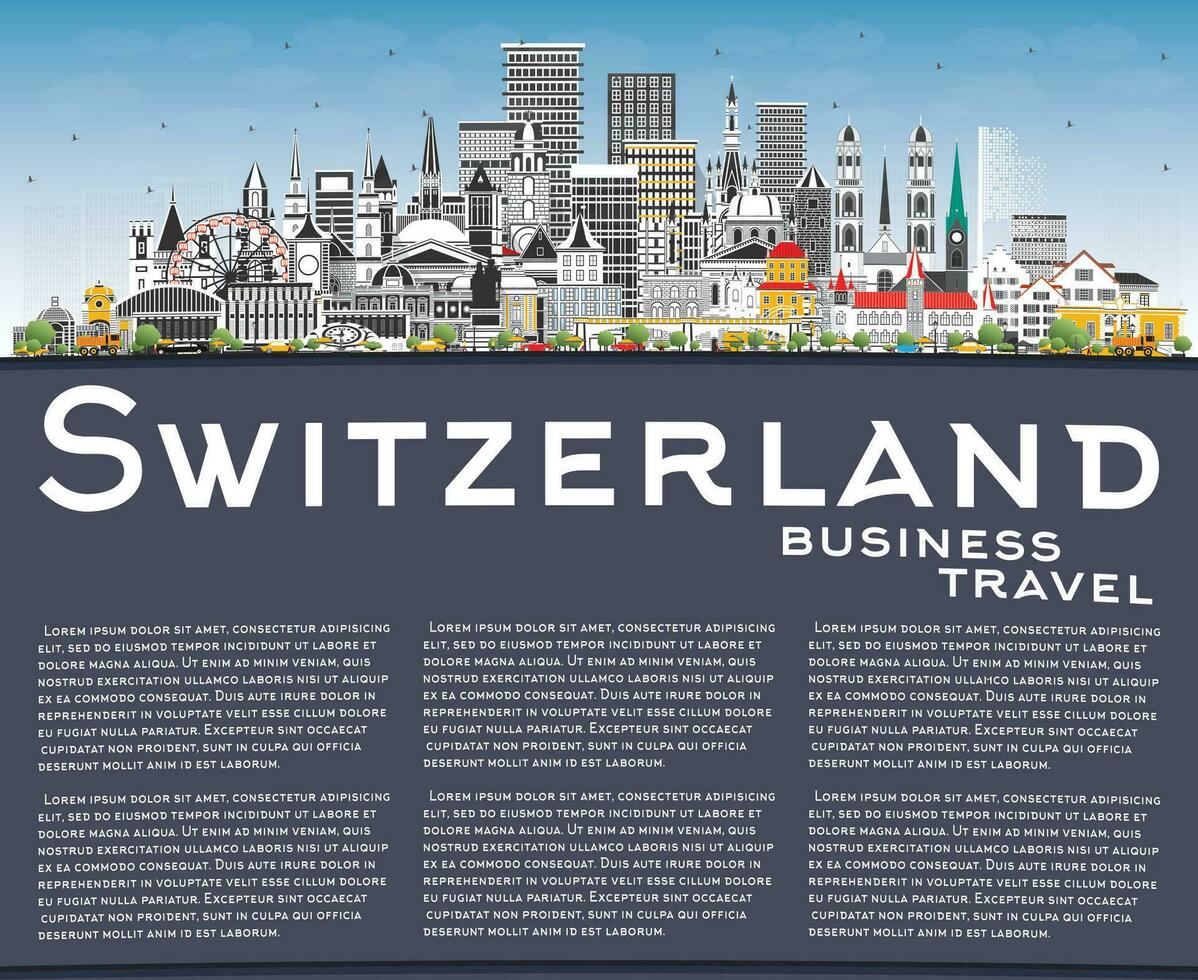 Switzerland city skyline with gray buildings, blue sky and copy space. Modern and historic architecture. Switzerland cityscape with landmarks. Bern. Basel. Zurich. Geneva. vector