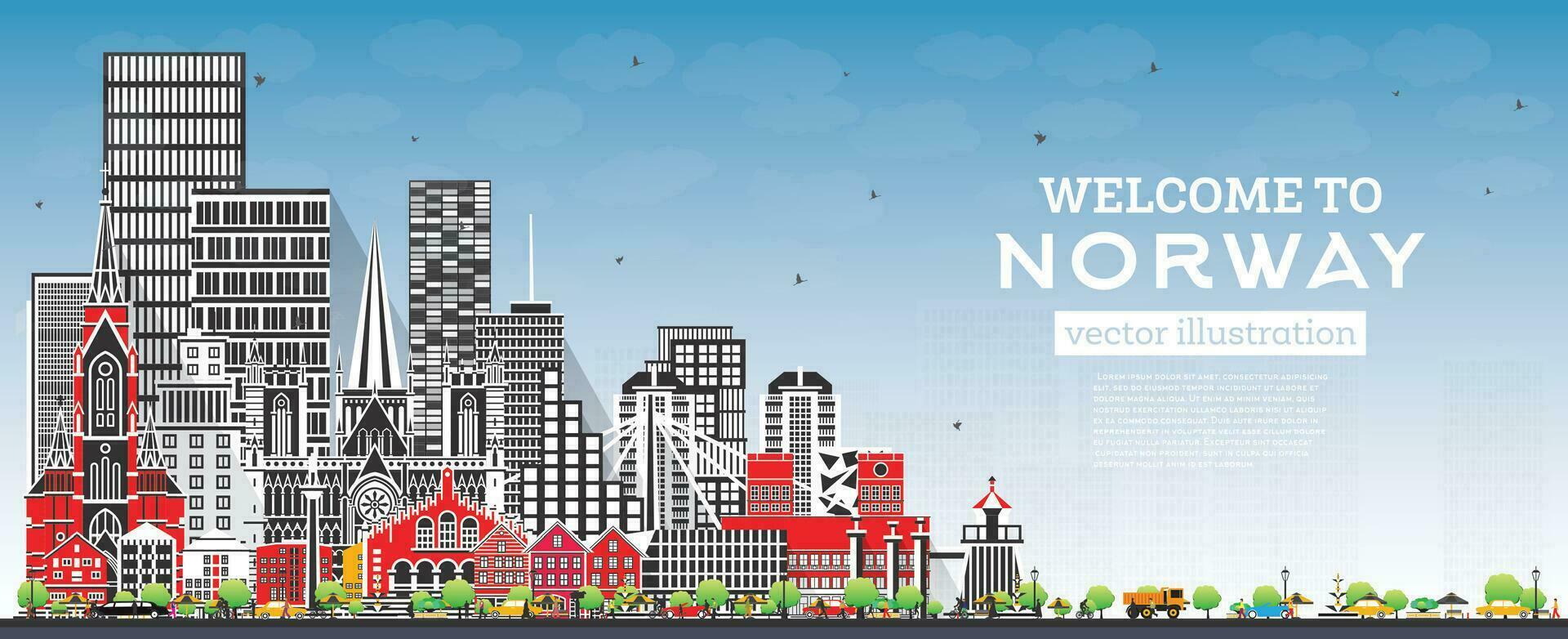 Norway city skyline with gray buildings and blue sky. Concept with historic and modern architecture. Norway cityscape with landmarks. Oslo. Stavanger. Trondheim. Bergen. vector