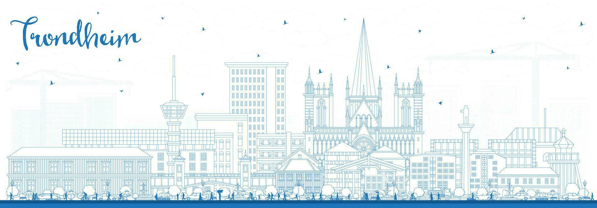 Outline Trondheim Norway City Skyline with Blue Buildings. Trondheim Cityscape with Landmarks. vector