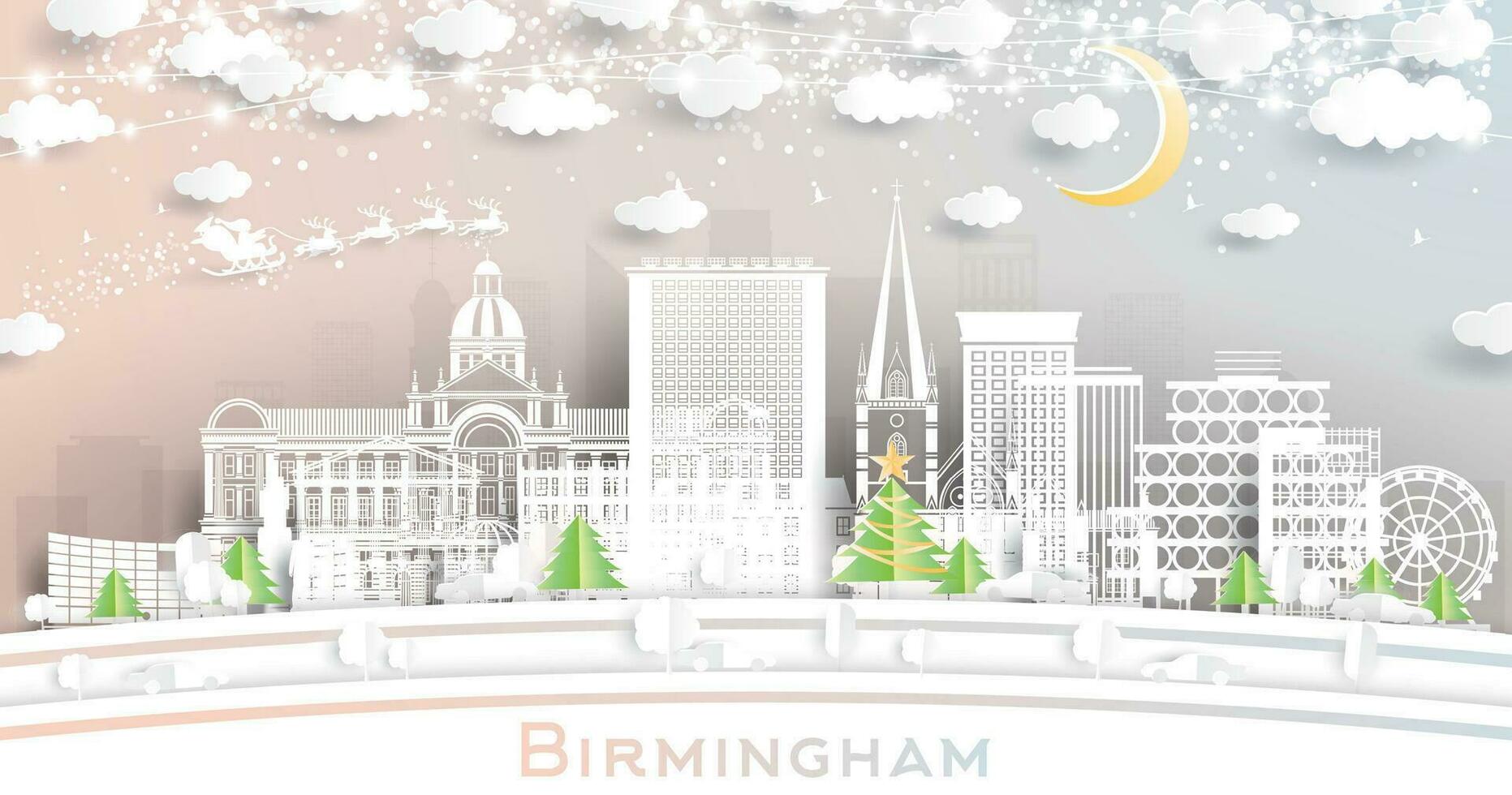 Birmingham Reino Unido. invierno ciudad horizonte en papel cortar estilo con copos de nieve, Luna y neón guirnalda. Navidad y nuevo año concepto. Birmingham paisaje urbano con puntos de referencia vector