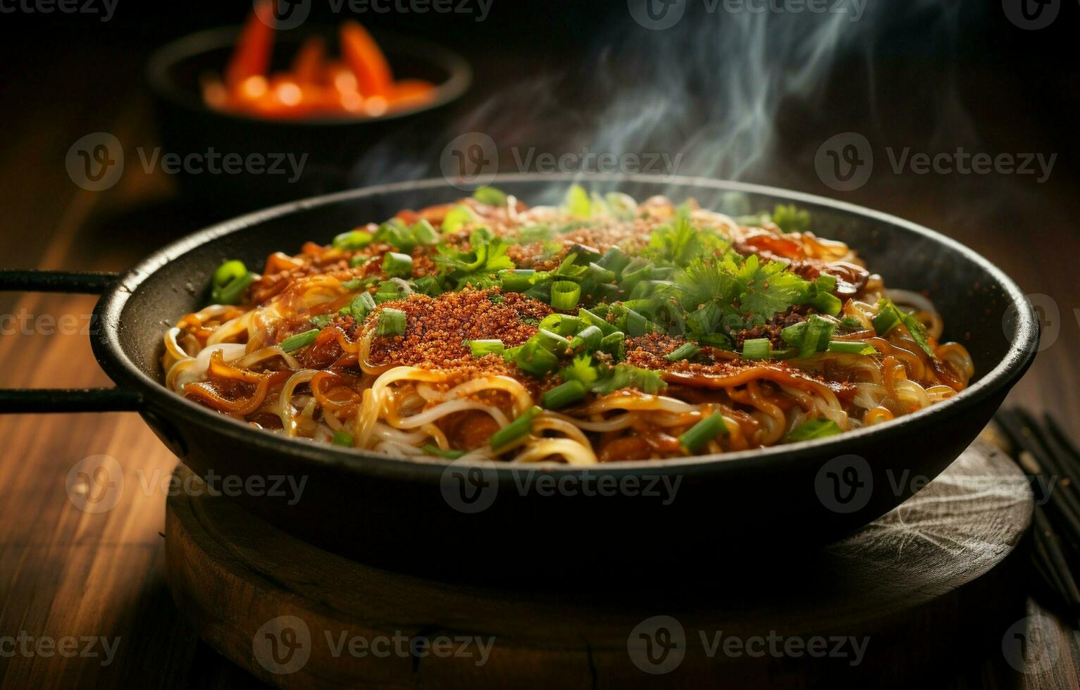 Noodles with steam and smoke in a bowl. Asian meal on a table. AI Generative photo