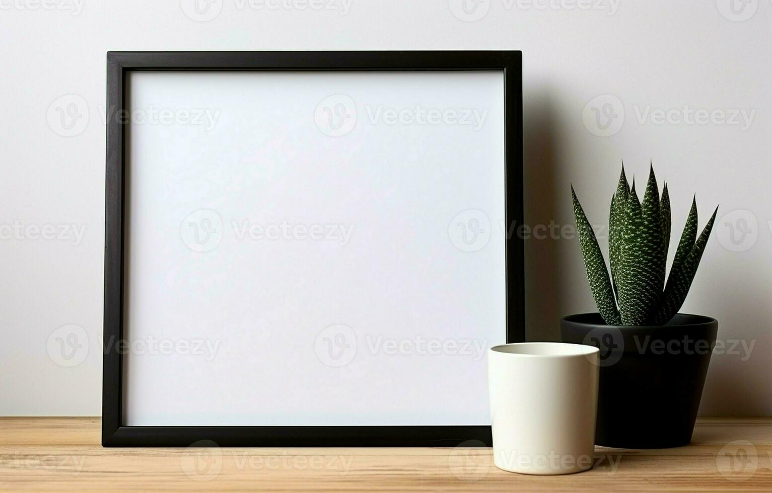 Create a mockup of a black square frame with home decor and potted plants. The shelf and the wall are both white. Copy space. AI Generative photo