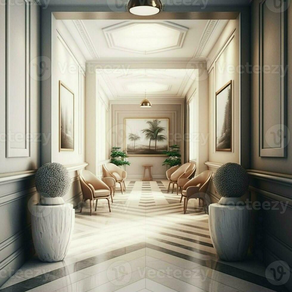 Render of restaurant reception, golden colors, luxury travel vacation guests apartment free time beautiful building interior hallway architecture furniture bright. AI Generative photo