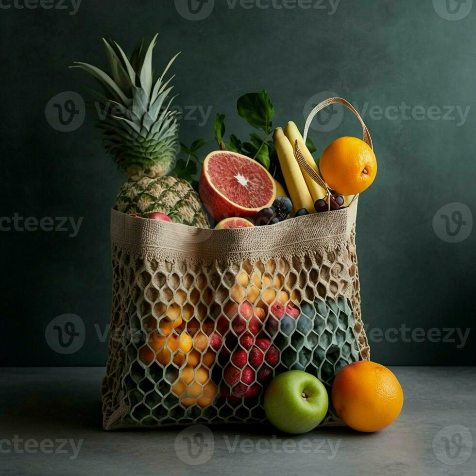 Eco-friendly reusable shopping bag with fresh organic tropical fruit on a gray wall background. Promoting a zero-waste lifestyle with raw healthy food and a vegetarian diet. AI Generative photo