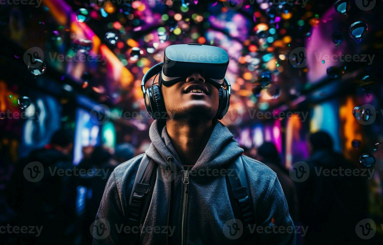 On a gloomy background, a young man is wearing virtual reality glasses. Virtual reality, smartphone use, and notion of future technology. AI Generative photo