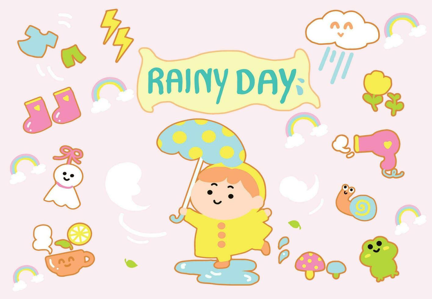 Happy boy on raining day with icon set cartoon style. vector
