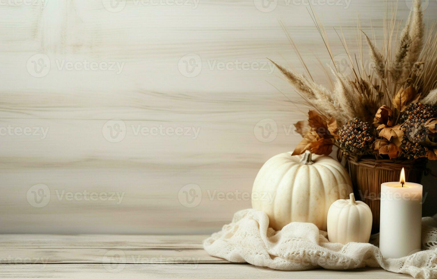White pumpkins, a sweater, a candle, and natural decor create a cozy fall corner border. Aerial perspective on a rustic white wood banner background. AI Generative photo