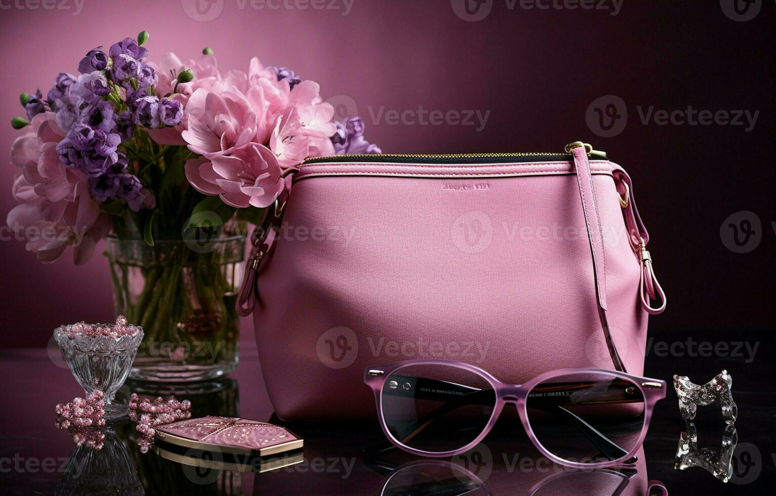 Womanish purse in still life for cosmetics, accessories, mobile phone, brooches, watches, fragrances, and sunglasses. AI Generative photo