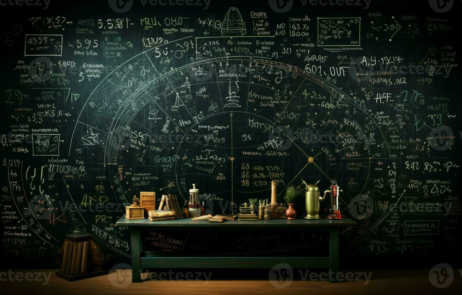 Scientific formulas and calculations in physics, mathematics, and electrical circuits are written on a blackboard. Background in science and education. AI Generative photo