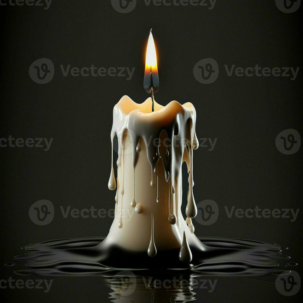 white wax candle burning dripping, flowing in black or dark light fire burn old building background. AI Generative photo