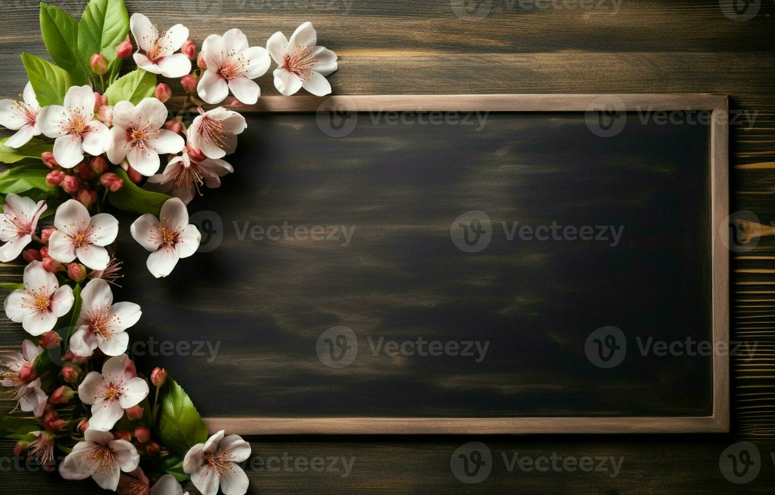 Holiday greeting icon for Teacher's Day. The concept of education knowledg. AI Generativee day. A wooden chalk board frame and a flower bouquet sit on a table with an empty copy area. photo