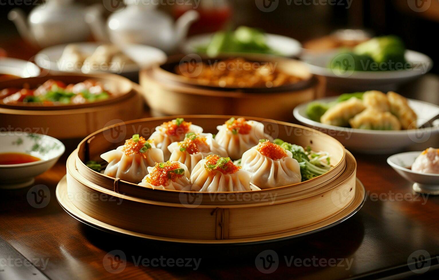 Eating steaming Dim Sum while enjoying a range of classic Chinese cuisine. AI Generative photo