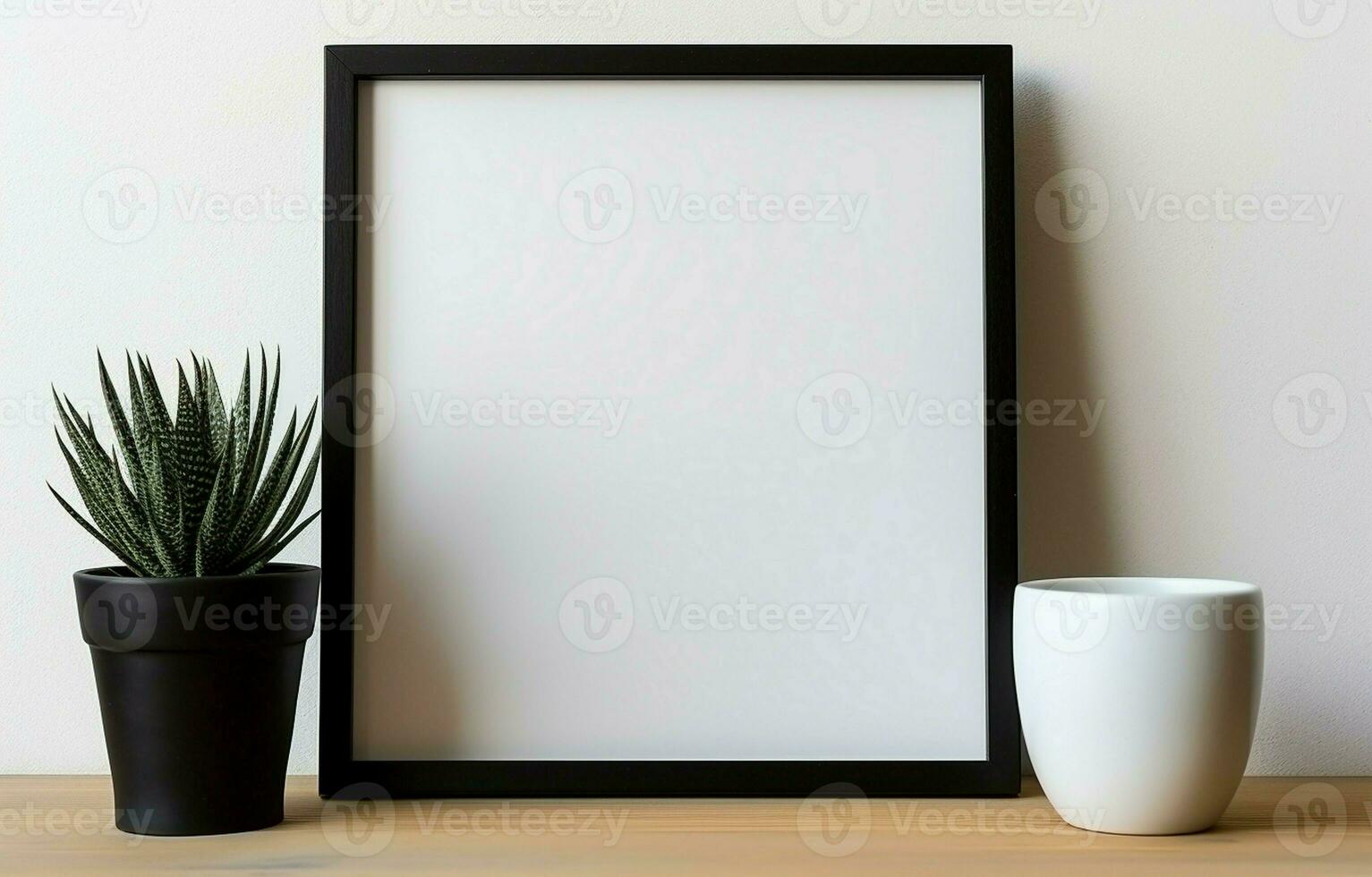 Create a mockup of a black square frame with home decor and potted plants. The shelf and the wall are both white. Copy space. AI Generative photo