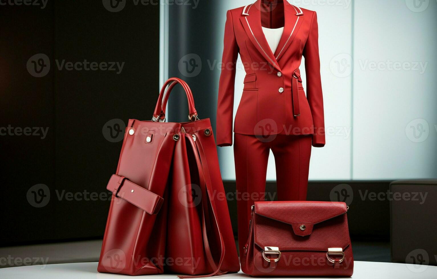 Modern woman's attire consisting of a red jacket, trousers, and a white geometric bag. AI Generative photo