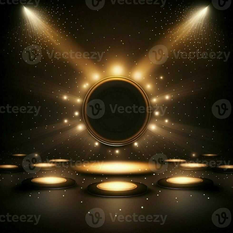 Golden spotlights illuminate a dark stage floor, perfect for a backdrop or mock-up for a star performer at a gala or nightclub. AI Generative photo