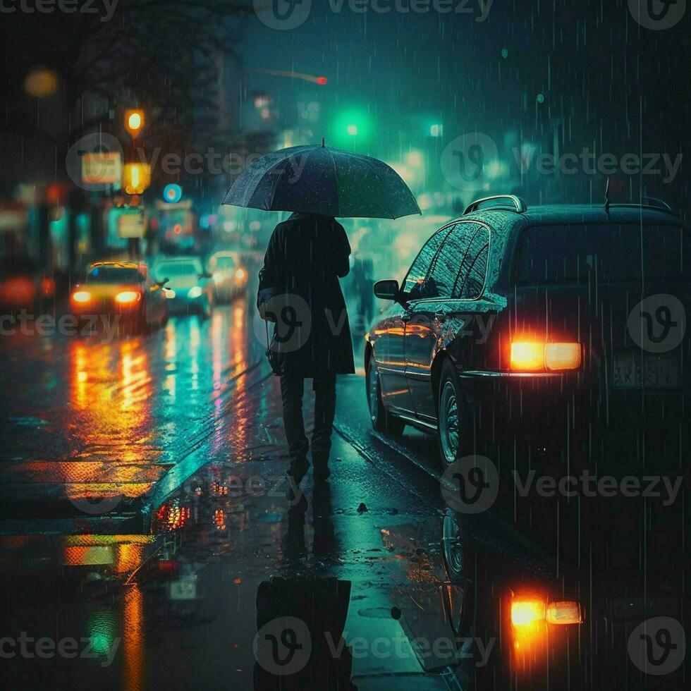 pe walking man pRain, awesome,color umbrella car evening dark cityscaarking laser light blurred. AI Generative photo