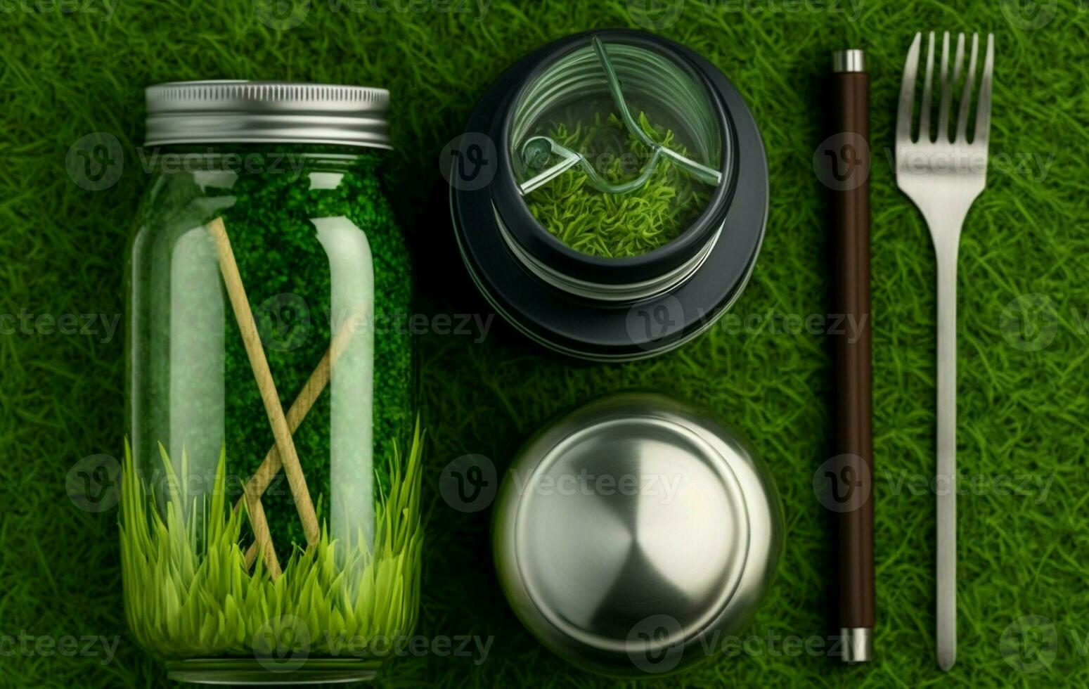 Glass jar, bottle, metal cup, straws for drinking, bamboo cutlery and lunch boxes on green grass, moss background. Top view. Sustainable lifestyle. Zero waste. AI Generative photo