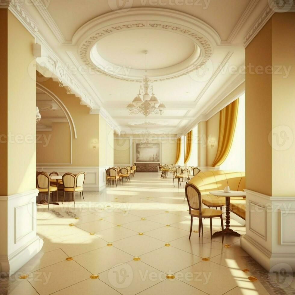 Render of restaurant reception, golden colors, luxury travel vacation guests apartment free time beautiful building interior hallway architecture furniture bright. AI Generative photo