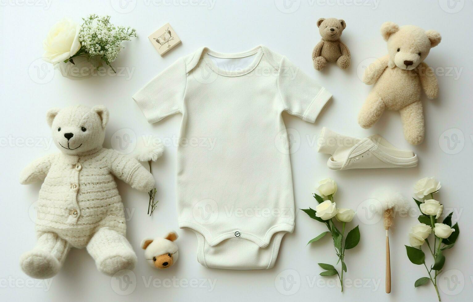 Baby fashion products in a flat lay composition. Children's clothes, shoes, toy, and pacifier isolated on a white background with text space. Toddler eco-friendly accessories. AI Generative photo