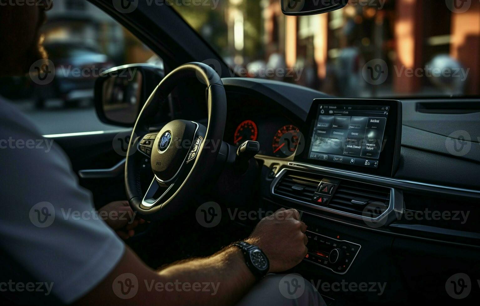 Man driving a luxury vehicle describing the start-stop, and selecting the climate control in an electric vehicle. Man controlling the air conditioning temperature in an automobile. AI Generative photo