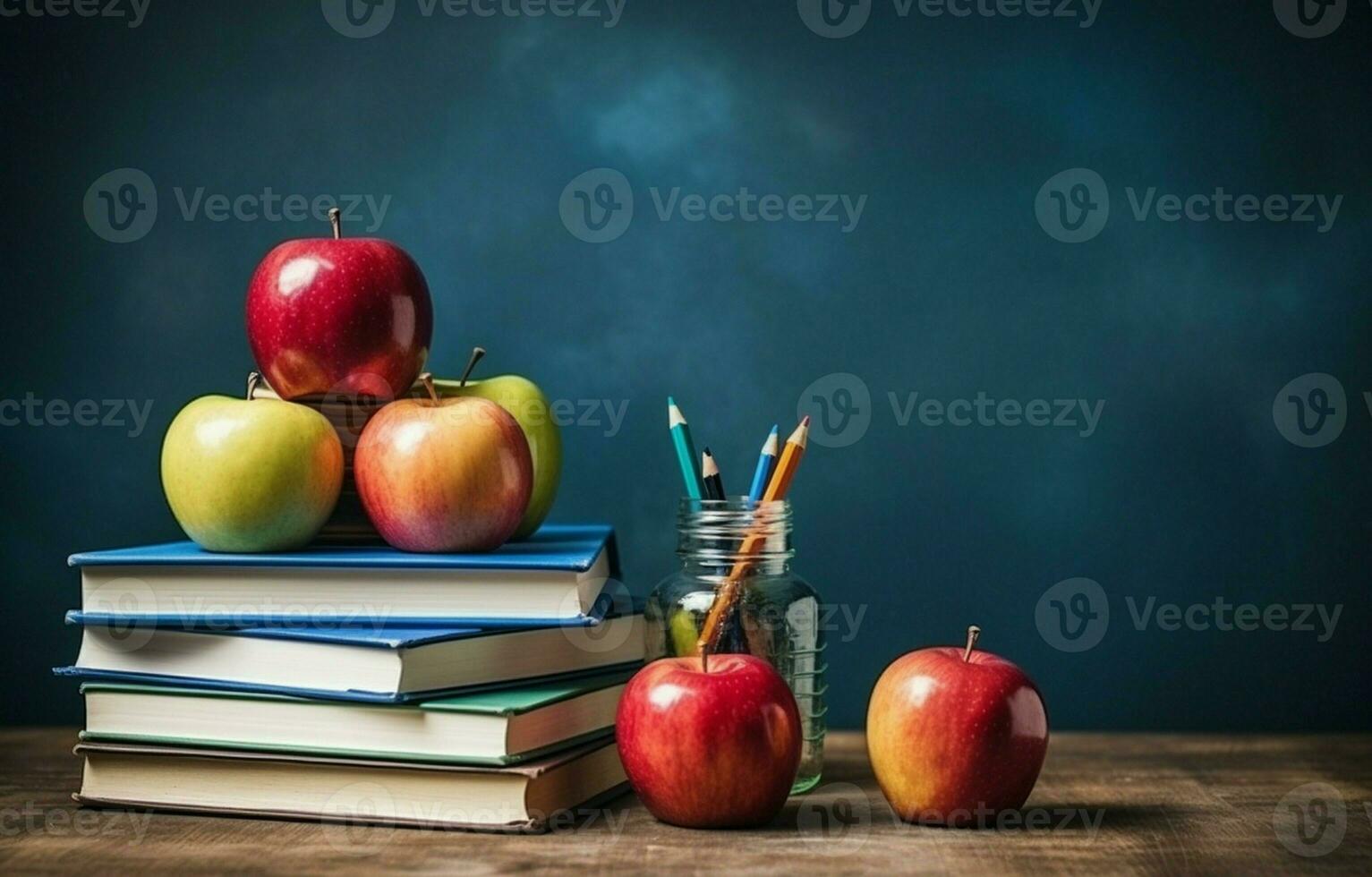 The concept of teacher's day. On the table are pens, an apple, pencils, books, and glasses. Copy space, back to school. AI Generative photo