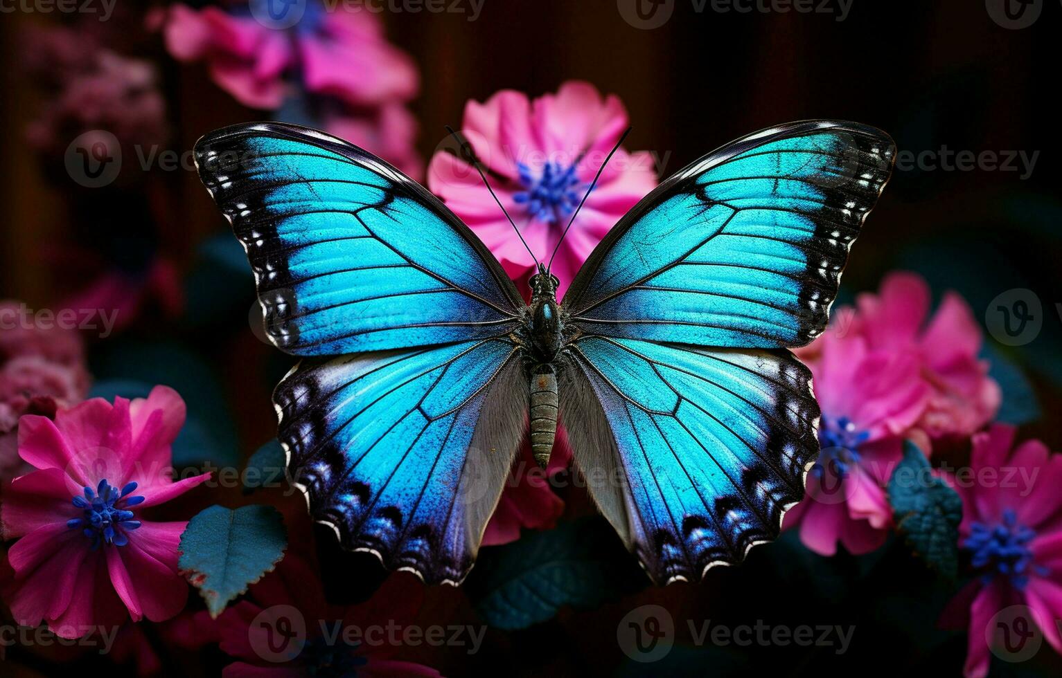 Beautiful butterfly with purple and blue hues perches delicately on a vibrant anemone forest flower. AI Generative photo