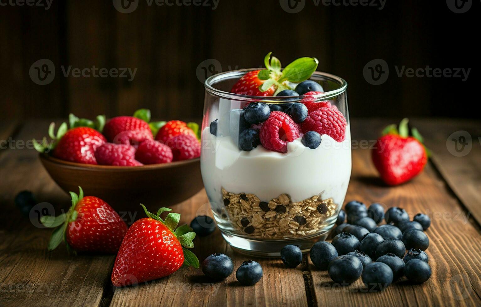 On a rustic wooden table, there are strawberries, blueberries, and breakfast cereal in yogurt. AI Generative photo