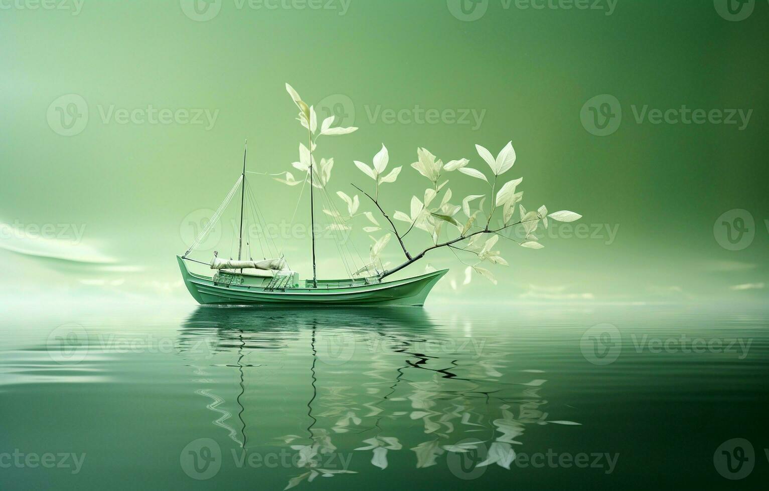 On a green background, there is an abstract artistic image of a ship in the water of a lake. A white, transparent leaf can be seen on the mirror surface of the water, with a reflection. AI Generative photo