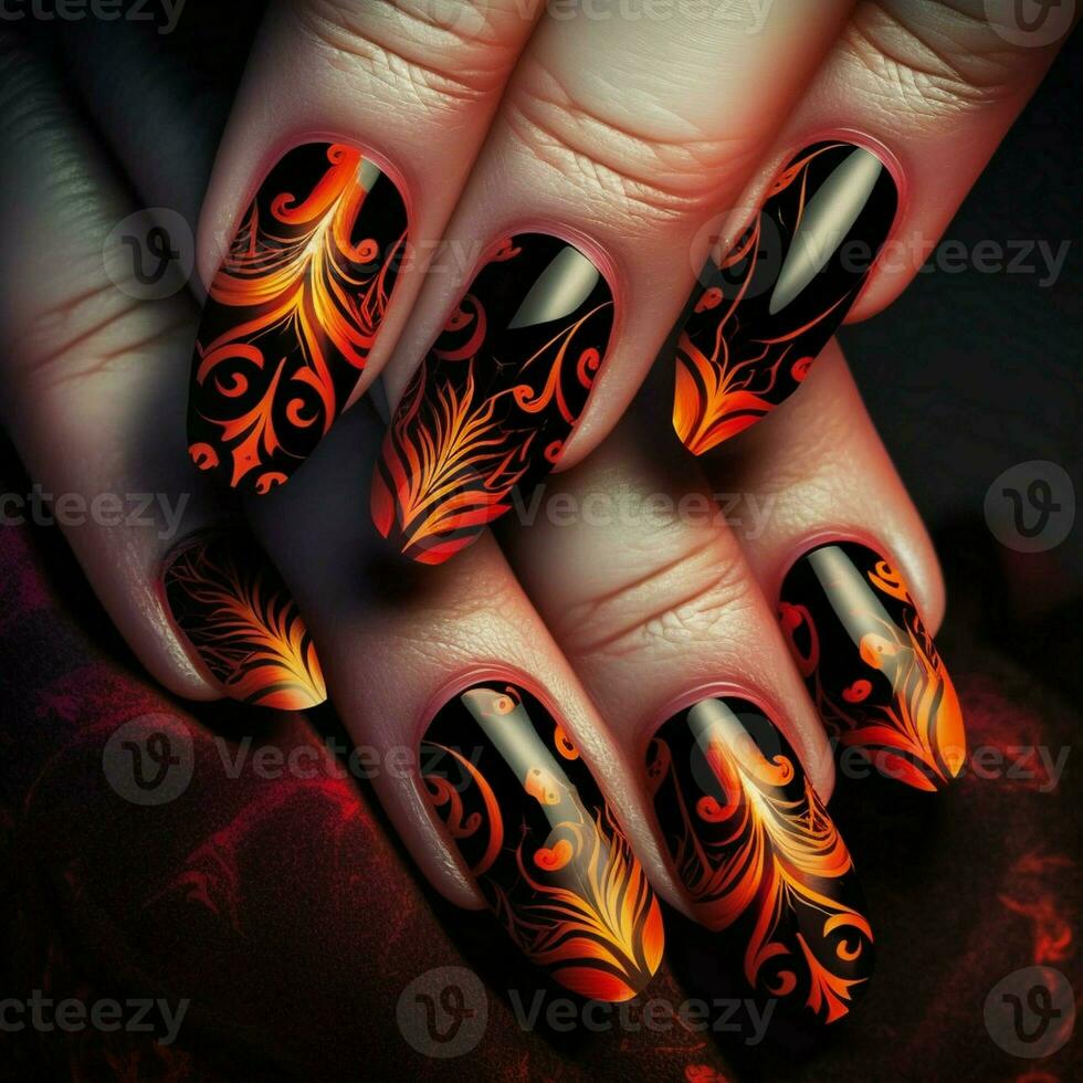 On a stunning black background, there is a sample of artificial beauty fingers showcasing fiery pattern nails. AI Generative photo