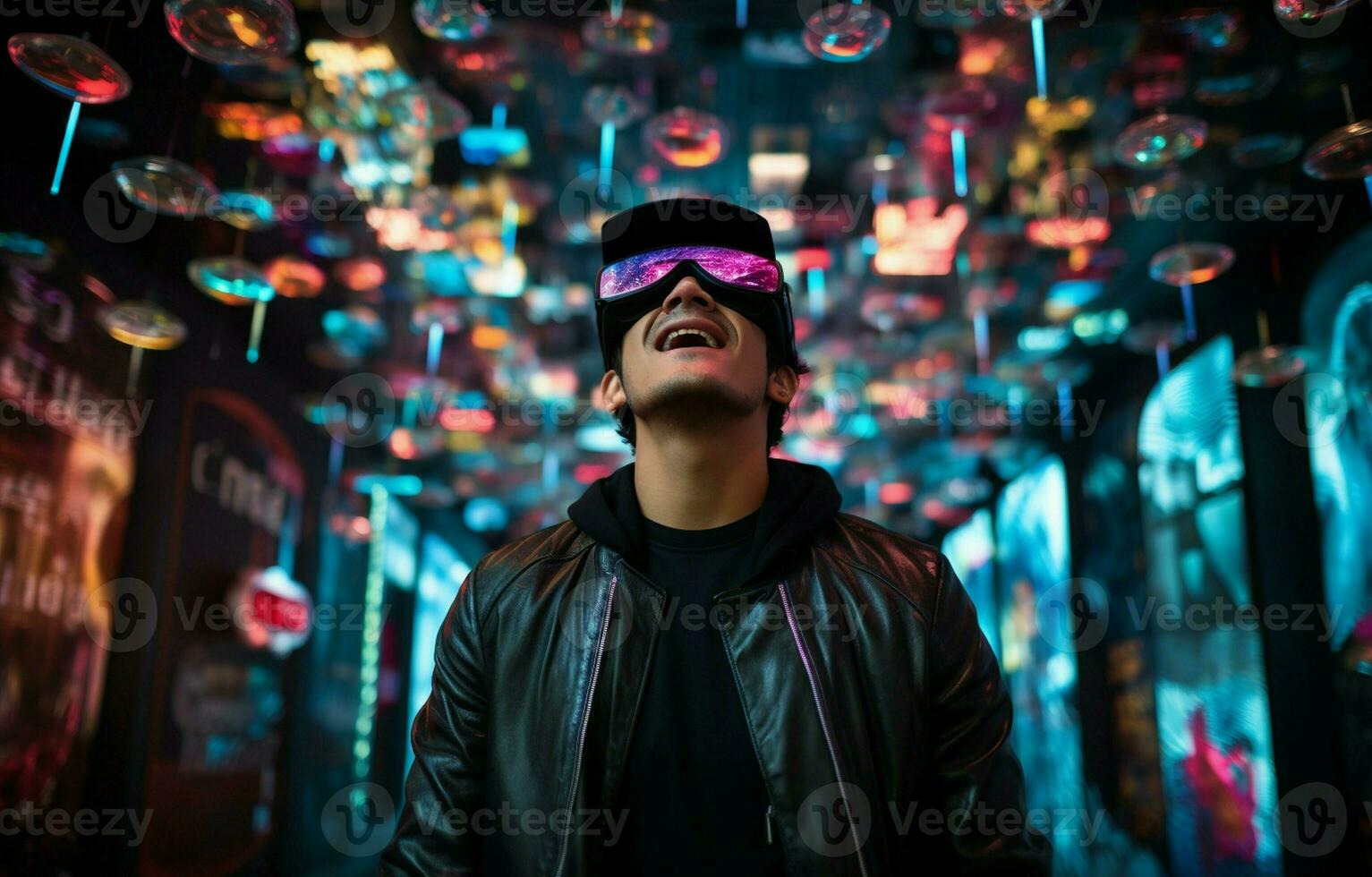 On a gloomy background, a young man is wearing virtual reality glasses. Virtual reality, smartphone use, and notion of future technology. AI Generative photo