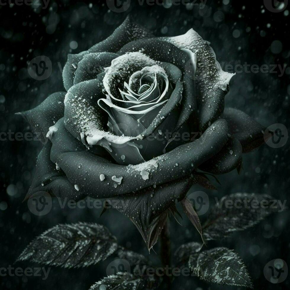 Close-up portrait of a black rose with beautiful petals on a clean background while snowing. I don't like love. AI Generative photo