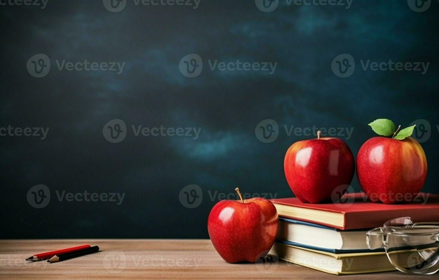 The concept of teacher's day. On the table are pens, an apple, pencils, books, and glasses. Copy space, back to school. AI Generative photo