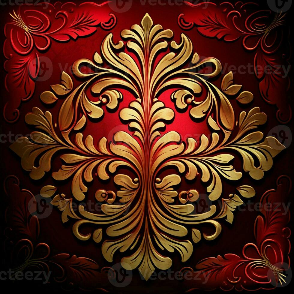 Shining red floral jewelry brocade textile metallic shine pattern art concept old new style design ornate on a dark background. AI Generative photo