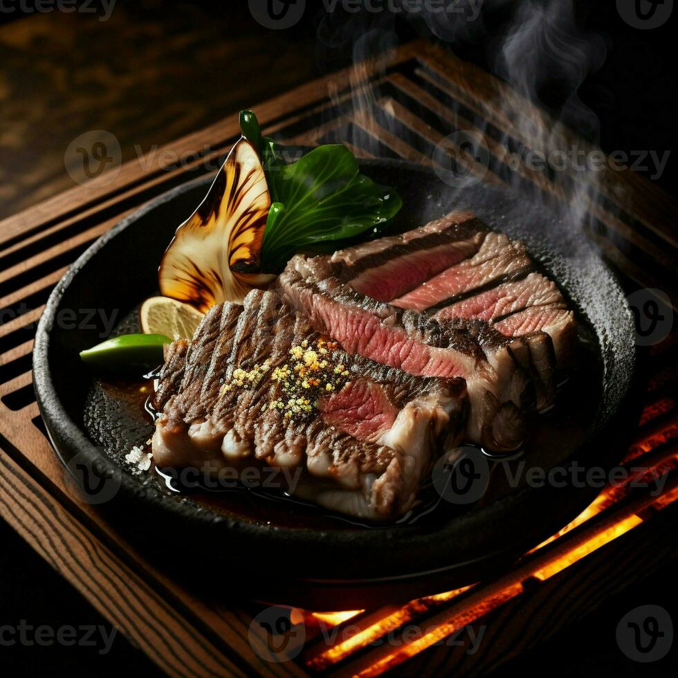 Enjoy the delectable taste of charcoal-grilled Kobe Wagyu beef, sliced and served as Yakiniku, a gourmet Japanese-style barbecue dish. AI Generative photo