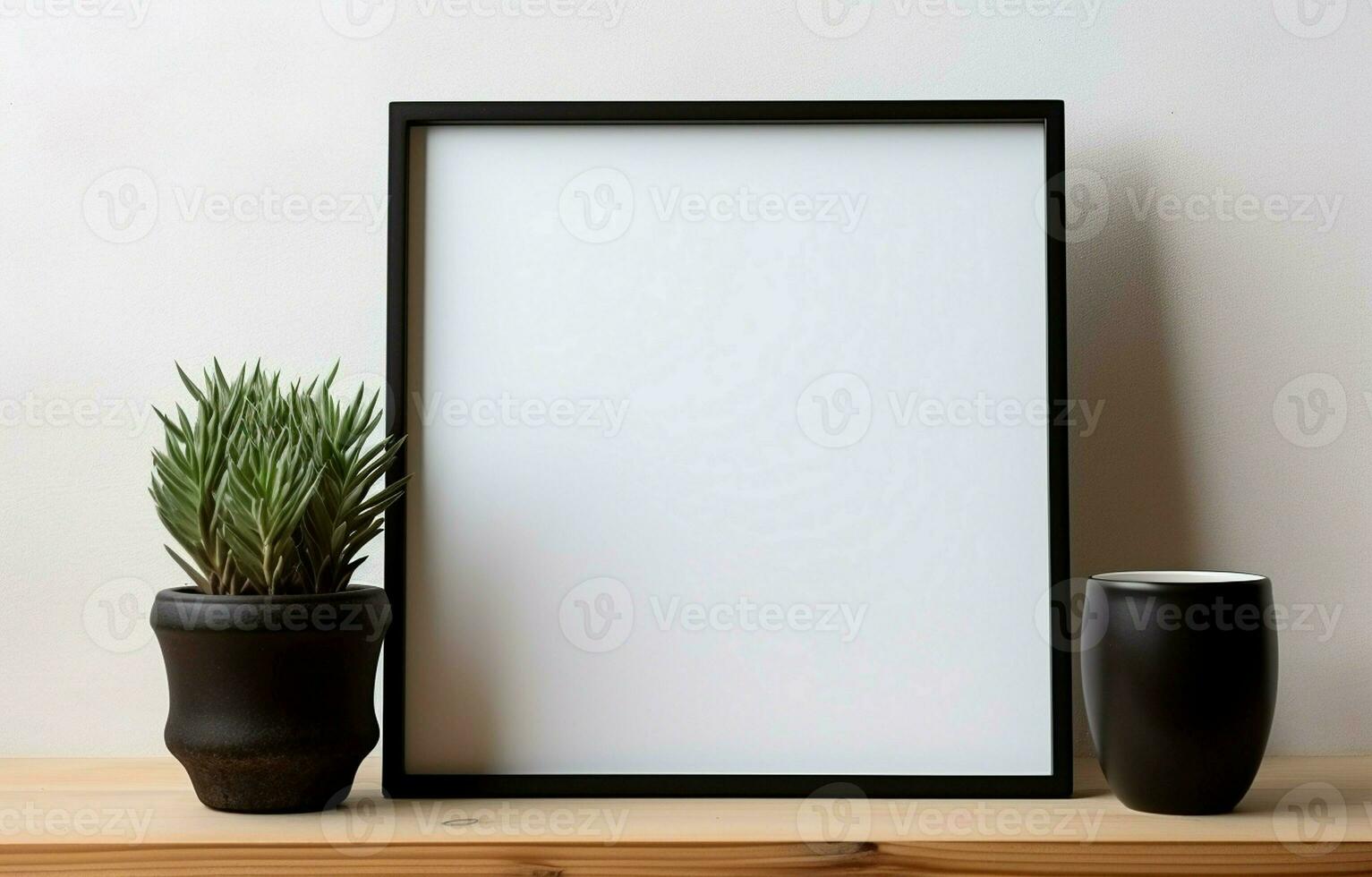 Create a mockup of a black square frame with home decor and potted plants. The shelf and the wall are both white. Copy space. AI Generative photo