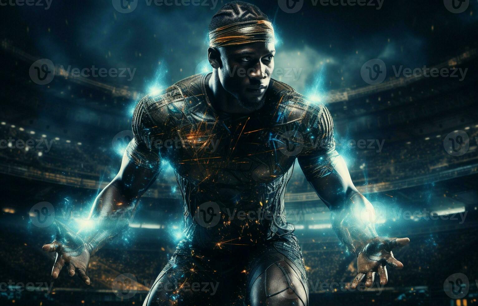 There is a football player in a stadium. The stadium is a digital creation that has been modeled and rendered. AI Generative photo