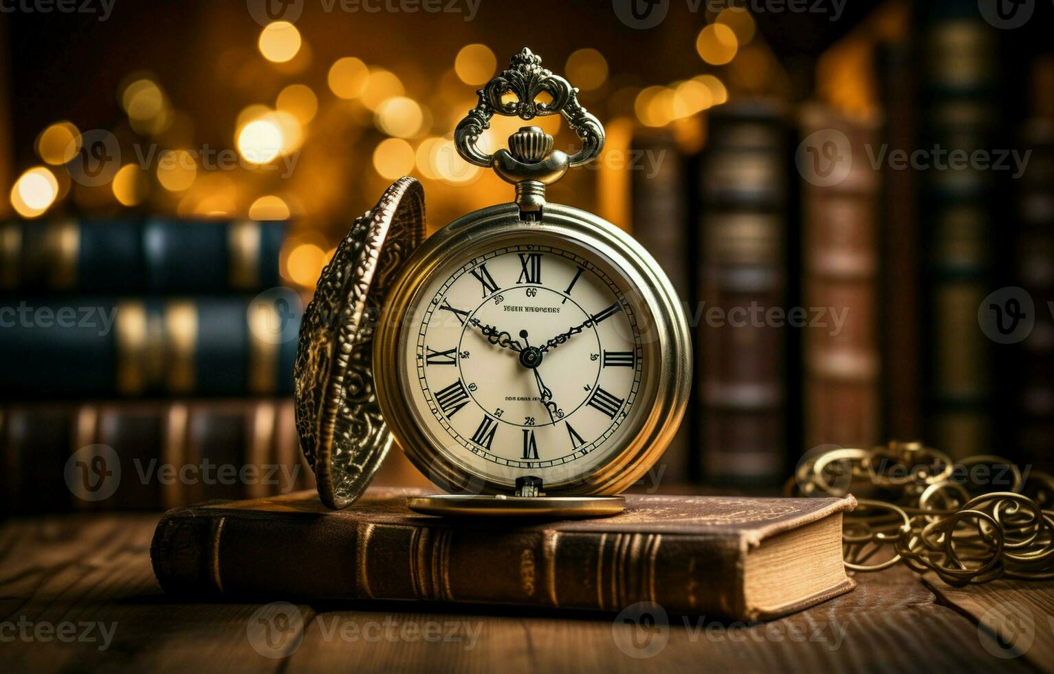 A chained ancient clock hangs against a background of old books. A retro clock represents time, just as a book represents knowledge. History, nostalgia, culture, old, and antique. AI Generative photo