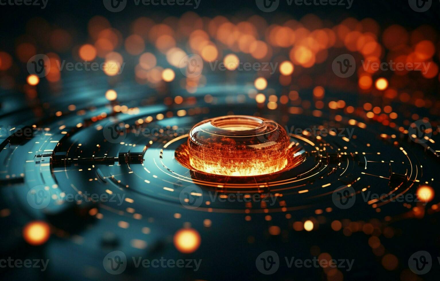 Science fiction background with glowing particles in 3D rendering with bokeh and depth of field. Particles create surface grids and lines. space or the microcosm. AI Generative photo