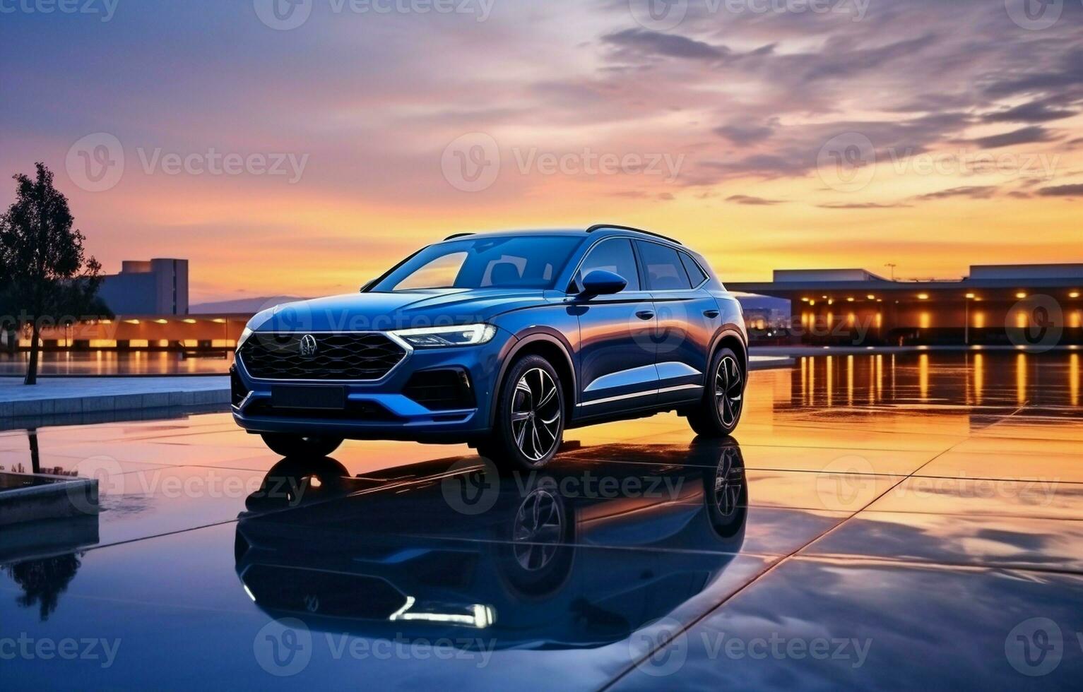 At dusk, a blue compact SUV with a sporty, contemporary appearance is parked on a concrete road by the water. ecologically sound technology. Concept of business success. AI Generative photo