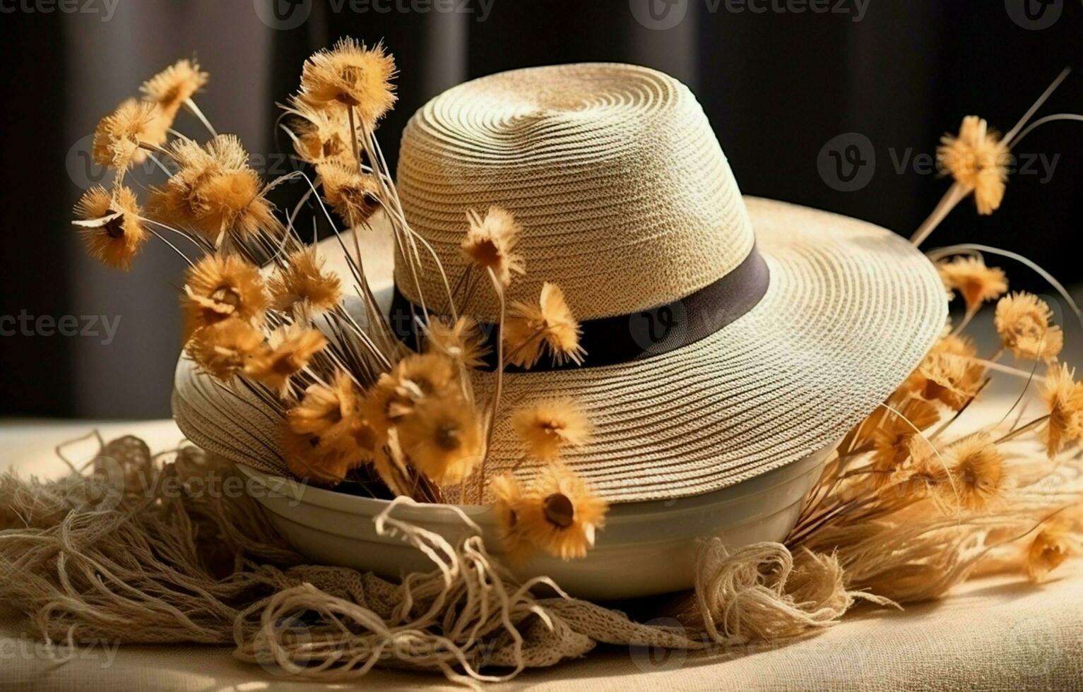 amapola semilla vainas en un Paja sombrero con un borde. seco flores para hogar decoración y floristica ai generativo foto