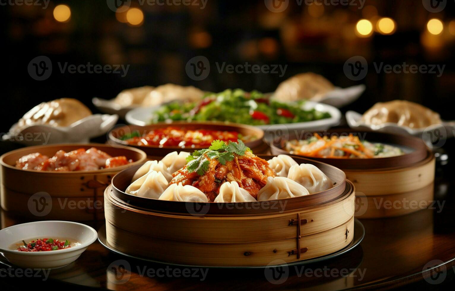 Eating steaming Dim Sum while enjoying a range of classic Chinese cuisine. AI Generative photo