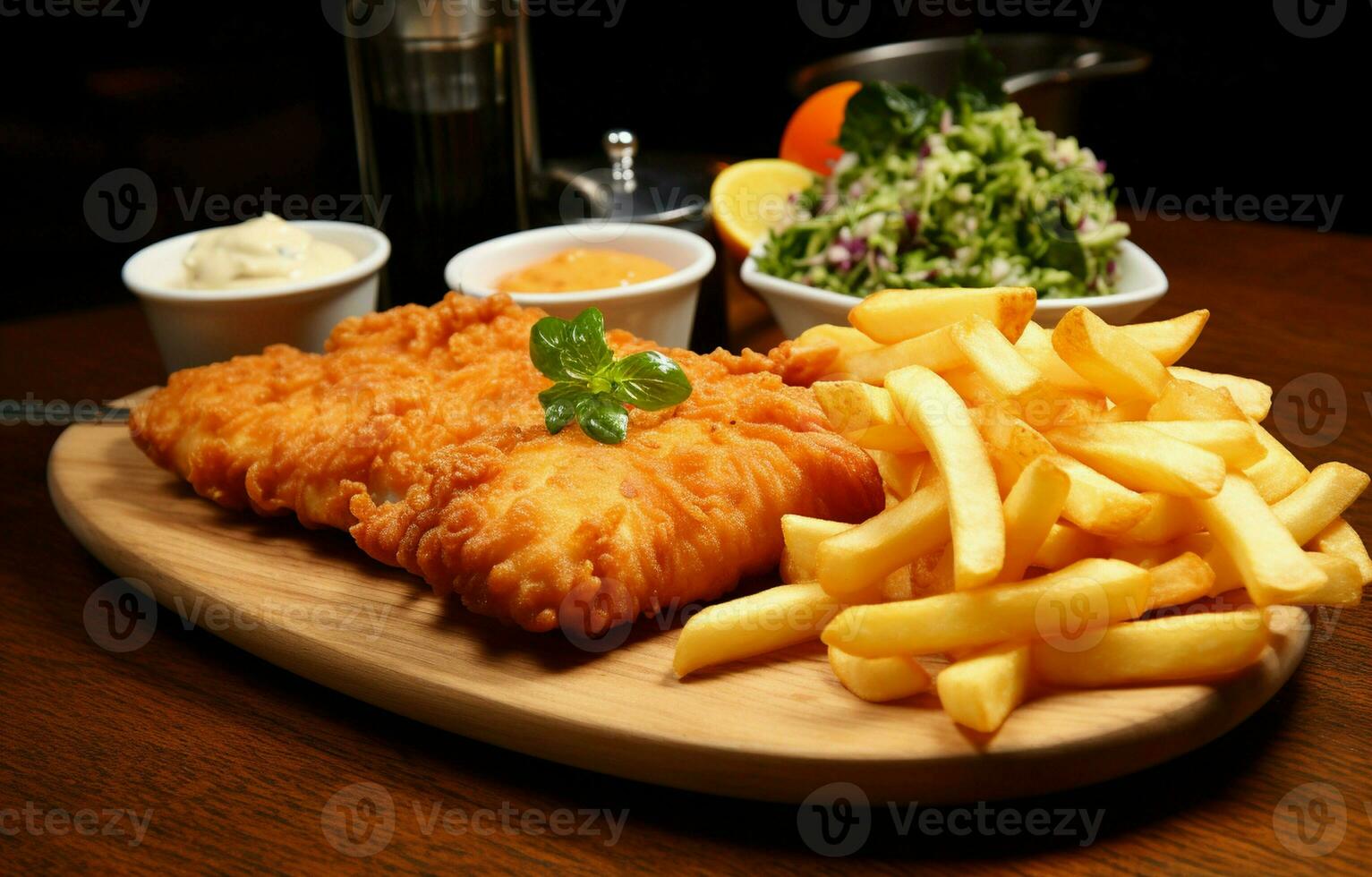 en un de madera mesa, un tradicional Inglés cena de pescado y papas fritas es presentado con francés papas fritas ai generativo foto