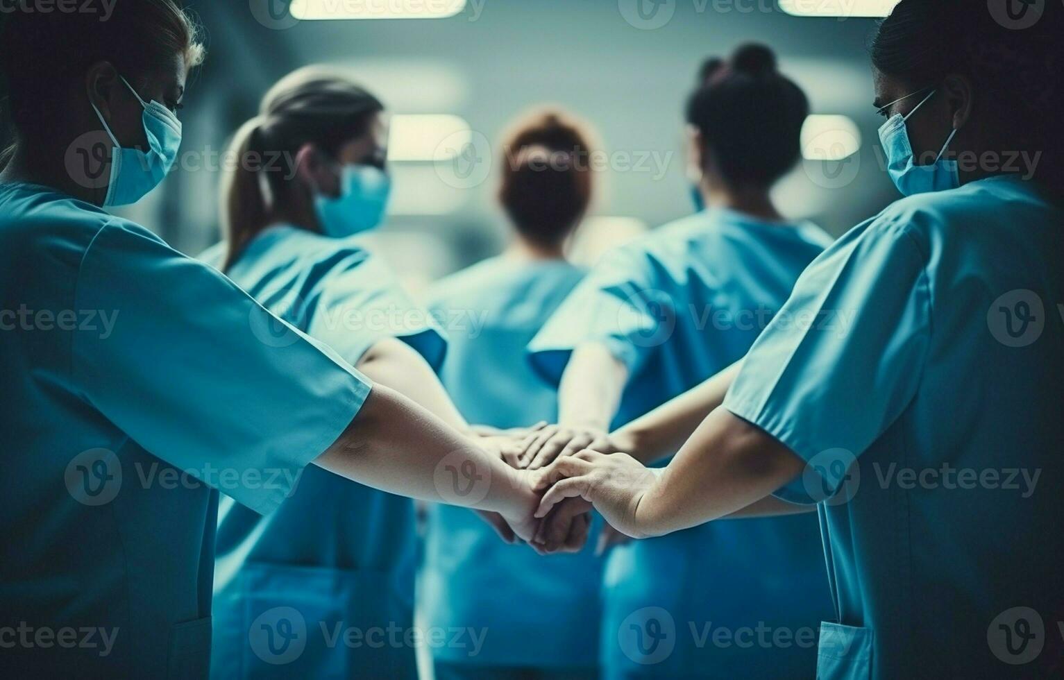 Doctors and nurses work in a group to coordinate hands. Concept Work and trust in a team are essential for success in a hospital. AI Generative photo