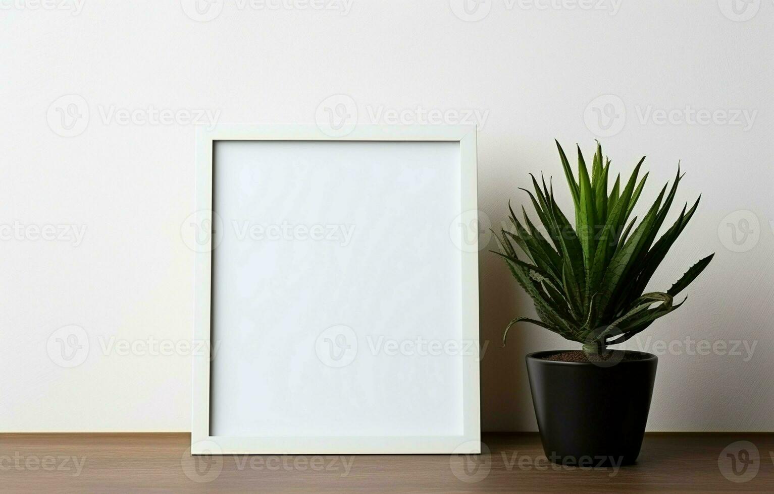 Create a mockup of a black square frame with home decor and potted plants. The shelf and the wall are both white. Copy space. AI Generative photo
